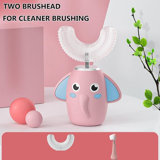 SNOWROSE Kids Electric Toothbrush U-Shaped Ultrasonic IPX7 Waterproof Design with 2 Brush Head 3 Modes, 360° Full Mouth Cleaning Automatic Children Toothbrush for 2-12 Years Old (Pink, 2-12 Age)
