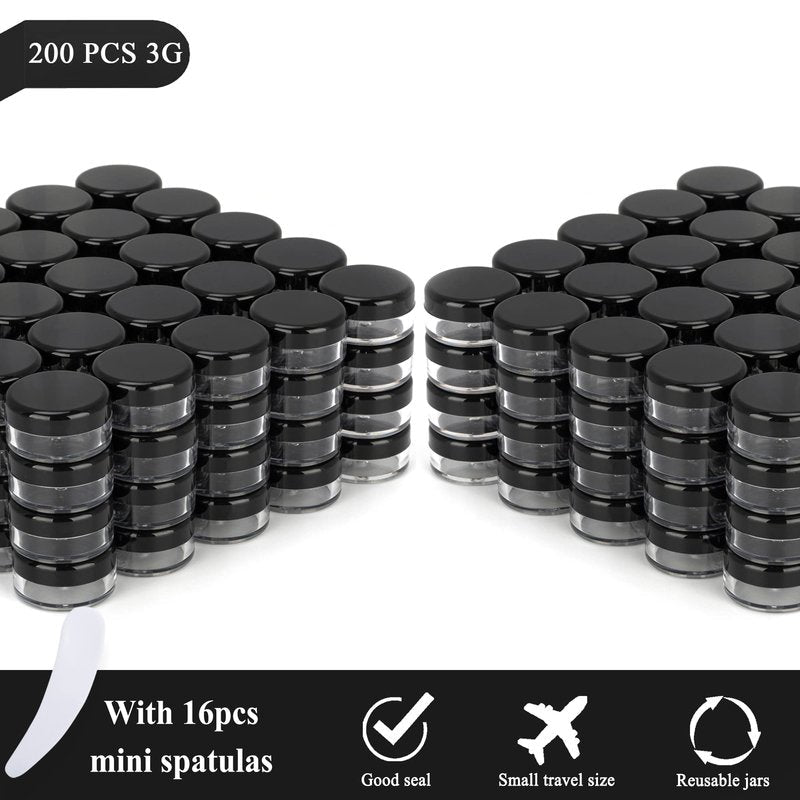 200PCS 3 Gram Sample Containers, 3ml Empty Jars with Lids, Small Cosmetic Containers, Mini Sample Jars with 16PCS Mini Spatulas for Make Up, Oils, Lotion, Powder, Paint, Jewelry, Lip Balms(Black Lid)