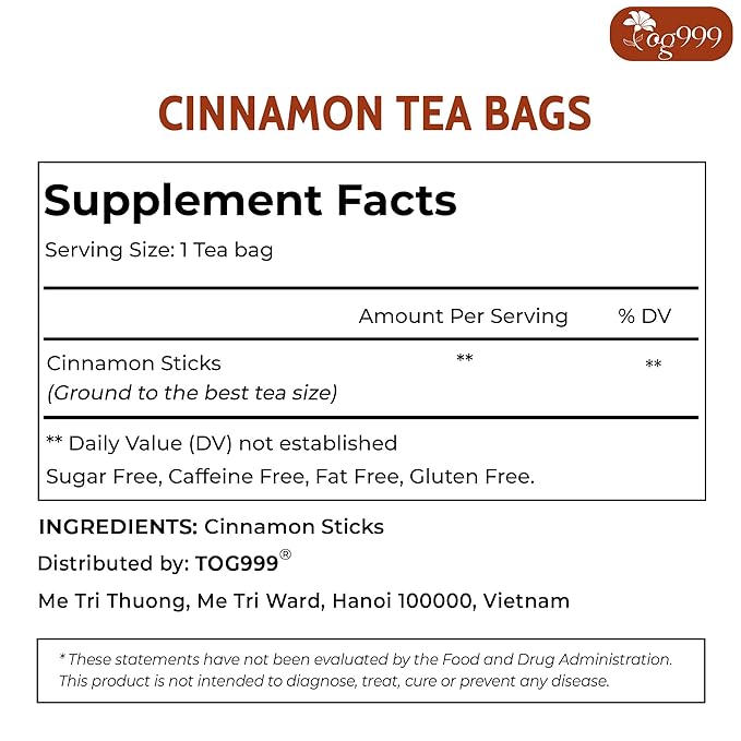 TOG999 Cinnamon Tea, 35 Tea Bags, Pure Ceylon Cinnamon, Natural & Vegan, Caffeine Free, Gluten Free, Herbal Tea