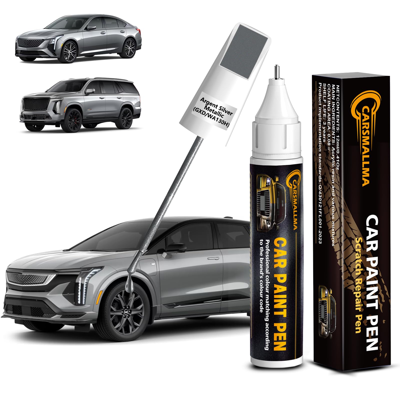 Carsmallma Argent Silver Metallic(Gxd/Wa130H) Car Touch Up Paint For Cadillac, Color Accurate Car Paint Scratch Repair Pen Kit Q