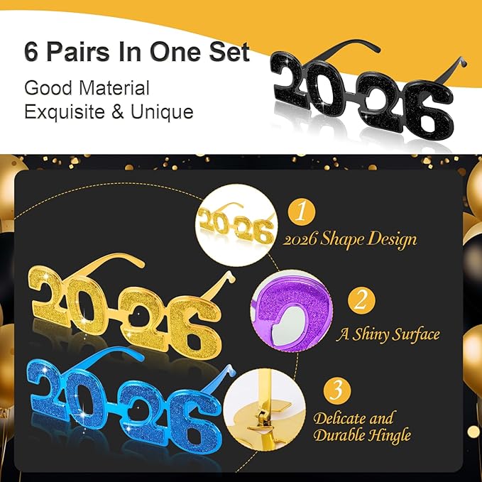 2026 Plastic Glasses Happy New Year Glitter Eyeglasses for 2026 Party New Year Eve Costume Photo Prop Supplies