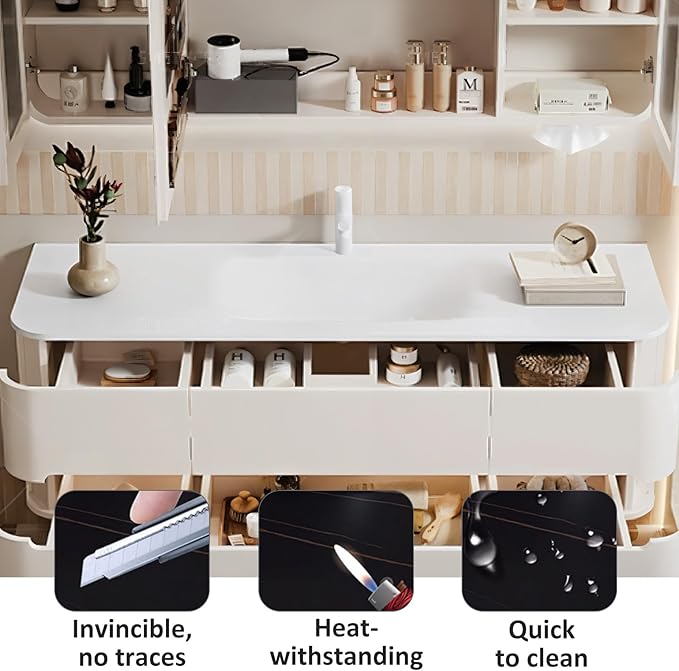40IN Bathroom Vanity - Bathroom Vanity with Sink with Intelligent Induction Light | Wall-Mounted Bathroom Vanity with Intelligent LED Mirror Cabinet & 6 Drawers, Cream Color