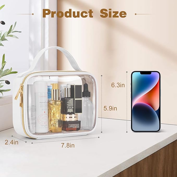 Wedama TSA Approved Toiletry Bag, 2 Pack Clear Makeup Bags with Handles, Quart Size PVC Clear Cosmetic Bags for Women and Men, Carry on Airport Airline Compliant Bag, White