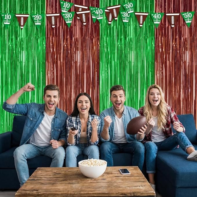 2Pack Football Party Decorations, 3.3 FT x 6.6 FT Tinsel Backdrop, Brown Green Foil Fringe Curtains Metallic Party Streamer, Football Game Day Decors 2026 Party Supplies Photo Booth Birthday Decors