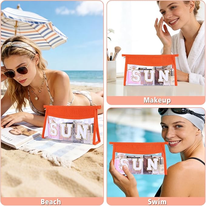 Sunscreen Bag Clear Makeup Bag Chenille Letter Sun Cosmetic Pouch Summer Beach Essential Cute Toiletry Pouch Travel Accessories Gifts for Women