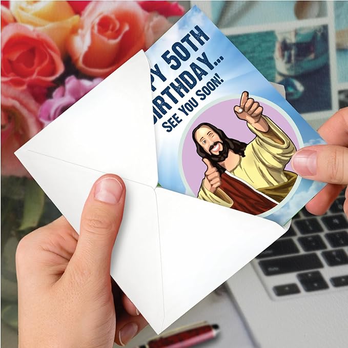 NobleWorks - Funny 50th Birthday Greeting Card - Joking God Humor Milestone, 50 Years Happy Bday Notecard with Envelope (1 Card) - See You Soon 50 C9065MBG