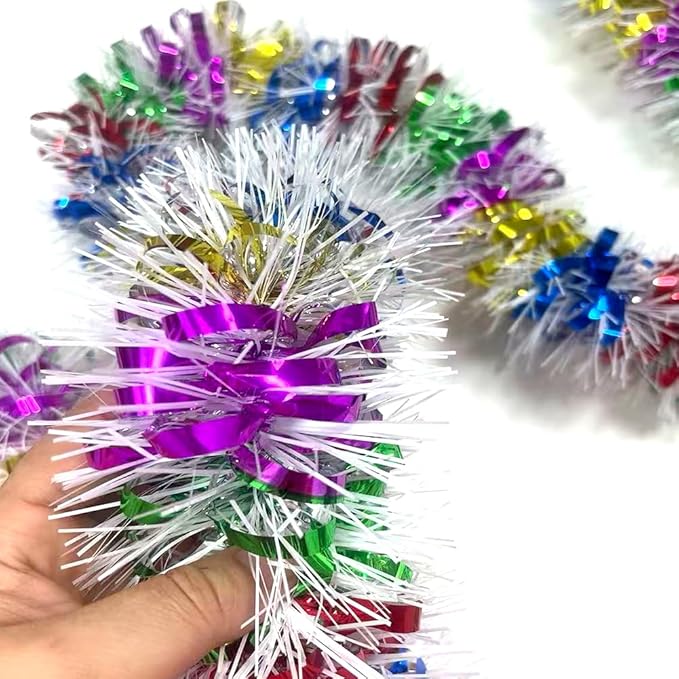 33Ft Long Tinsel Twist Garland Shiny Thick Metallic Foil Xmas Tree Decorations for Birthday Party Christmas New Year Parties Parade Floats and Other Holidays Hanging Decor Supplies-(Colours+White)