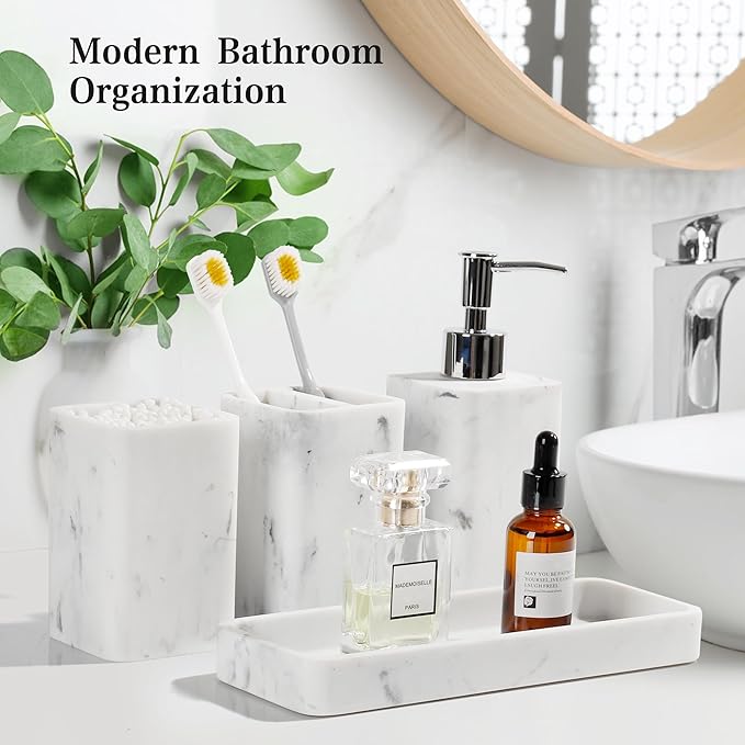 Bathroom Accessories Set, 4 Pcs Bathroom Accessory Set, Soap Dispenser, Toothbrush Holder, Qtip Holder Set, Bathroom Sets Complete, Bathroom Sink Set for Modern Home Decor, White