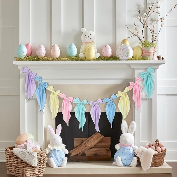 VitalCozy 1 Pcs Easter Pastel Bow Garland Banner - Silk Satin Ribbon Hanging Party Bow Garland Decoration for Easter Birthday Baby Shower Wedding Party Supplies