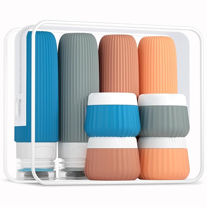 Travel Bottles 8 Pack, TSA Approved 3 oz Toiletries Containers, Leak Proof Silicone Squeezable Essentials Jars with Clear Bag