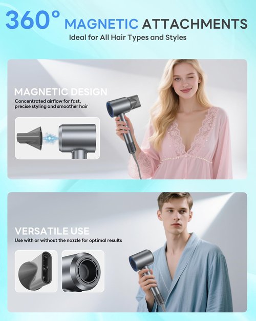 Hair Dryer, 110,000 RPM Professional High-Speed Blow Dryer with Plasma Ion, Thermo-Control, 4 Heat & 2 Speed, Lightweight & Low Noise, Magnetic Nozzle for Fast Drying at Home, Travel & Salon