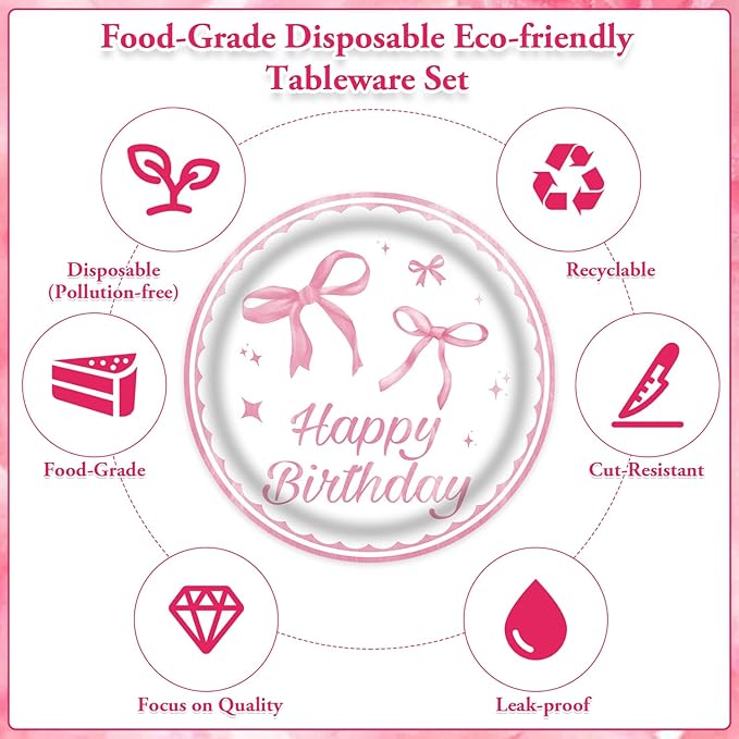Pink Bow Party Supplies Tableware Sets,Includes Disposable Plates, Napkins, Cups,Straws,Cutlery, Balloons, Banner, and Tablecloth for Party Baby Shower Birthday Decorations,Serves 20