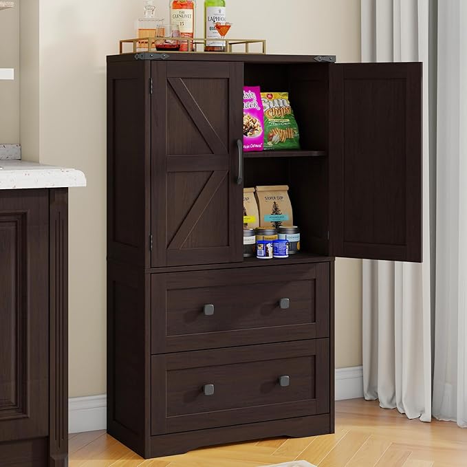 Farmhouse Bathroom Storage Cabinet with 2 Big Drawers and Barn Doors, Kitchen Pantry, Freestanding Storage Cabinet with Adjustable Shelves for Bathroom, Living Room, Kitchen(Espresso)