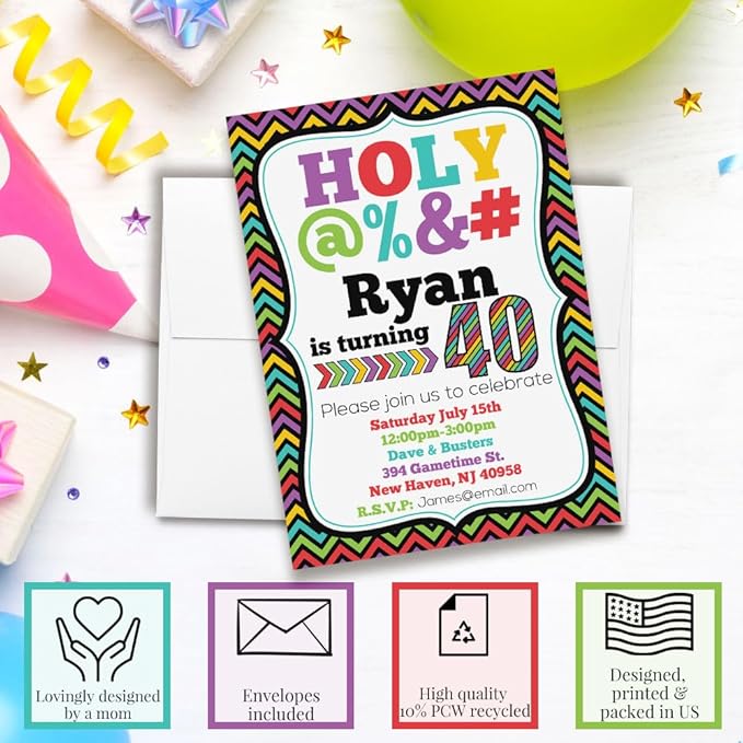 Custom Birthday Invitations 40th Birthday Invitation 30 5x7 Custom 40 Party Invitation Cards With Envelopes - Unique 40th Party Invitations Hilarious Holy &*$% Theme