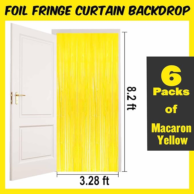 6 Pack Macaron Yellow Foil Fringe Curtains Backdrop, 3.28 x 8.2 Ft Metallic Streamers Tinsel Curtains Background for Photo Booth, Birthday, Christmas, Halloween, New Year Party Decorations