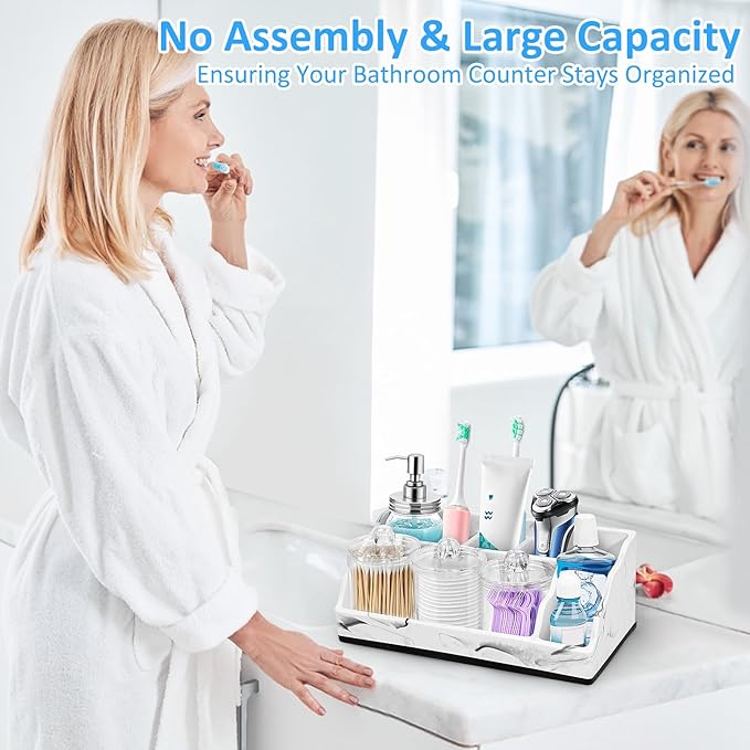 Bathroom Organizer Countertop, White Marble Toothbrush Holders for Bathrooms with 3PCS Qtip Holder Dispenser, Toothbrush and Toothpaste Holder for Bathroom Counter Organization Storage Vanity