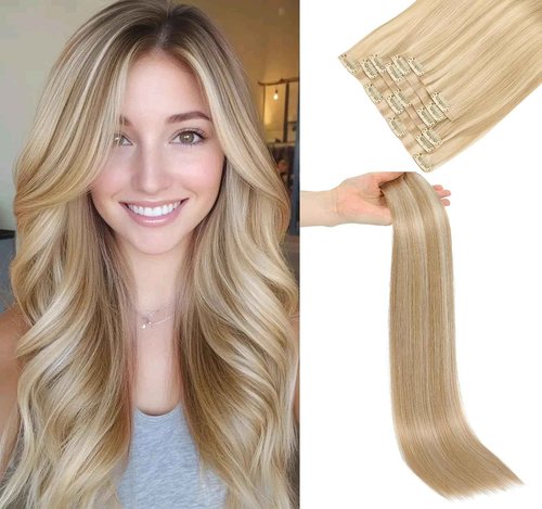 LOVELINE Seamless Clip in Hair Extensions Real Human Hair, Luxury Remy Human Hair Extensions Clip ins for Women, 16 Inch 110g 7Pcs, Light Blonde Highlighted Golden Blonde