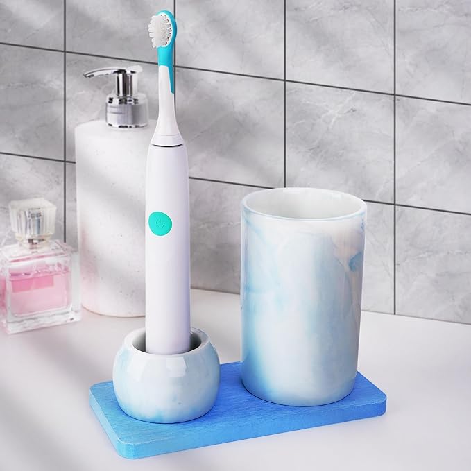 Ceramic Toothbrush Holder & Toothbrush Cup with Diatomite Tray for Bathroom, Bathroom Tumbler Cups Reusable Toothbrush Mouthwash Cup, Shower Counter Storage Organizer (Blue)