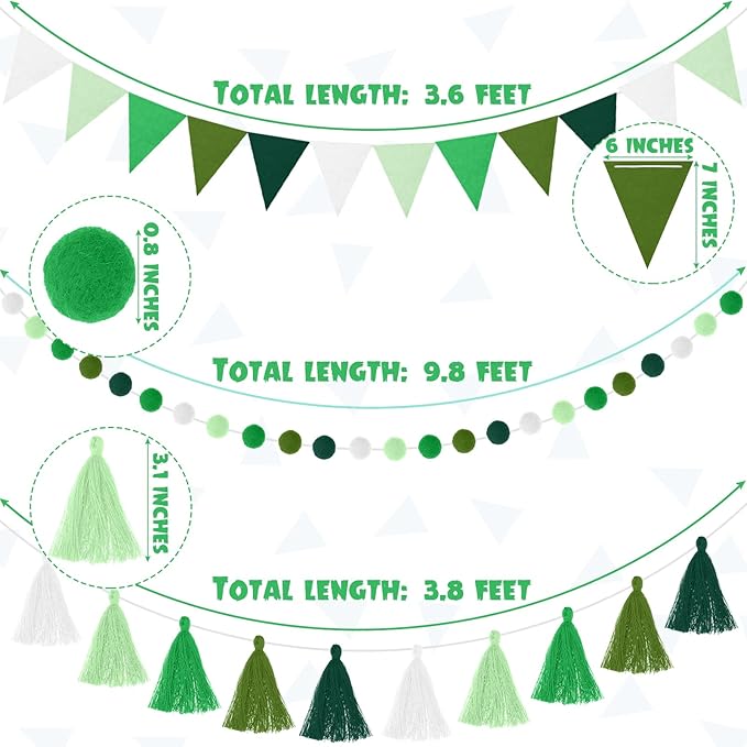Irenare 9.8ft Pom Pom Garland Felt Rainbow Garland Graduation Party Decoration Colorful Pennant Tassel Banner Birthday Baby Shower Triangle Banner for Classroom School Mantel Fireplace(Gradient Green)