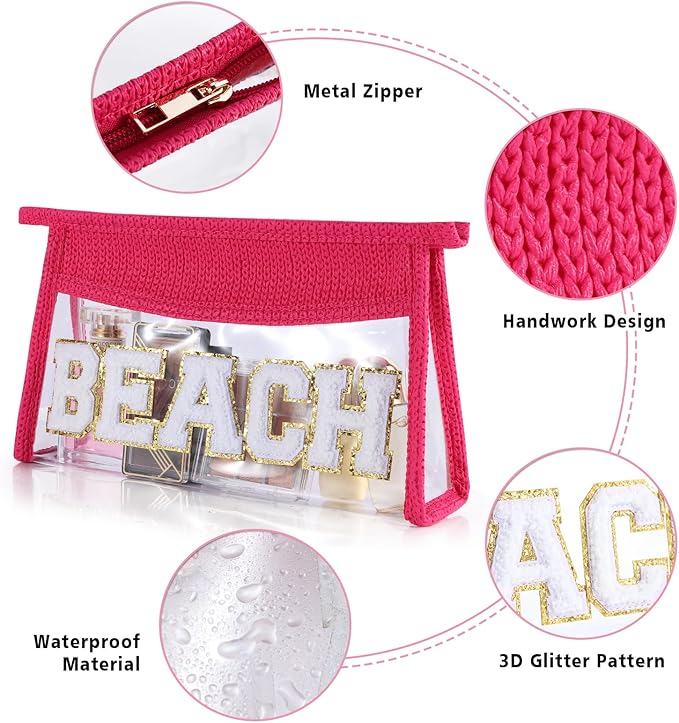 Beach Pouch Sunscreen Clear Makeup Bag Chenille Letter Beach Cosmetic Pouch Summer Essential Cute Toiletry Pouch Travel Accessories Gifts for Women