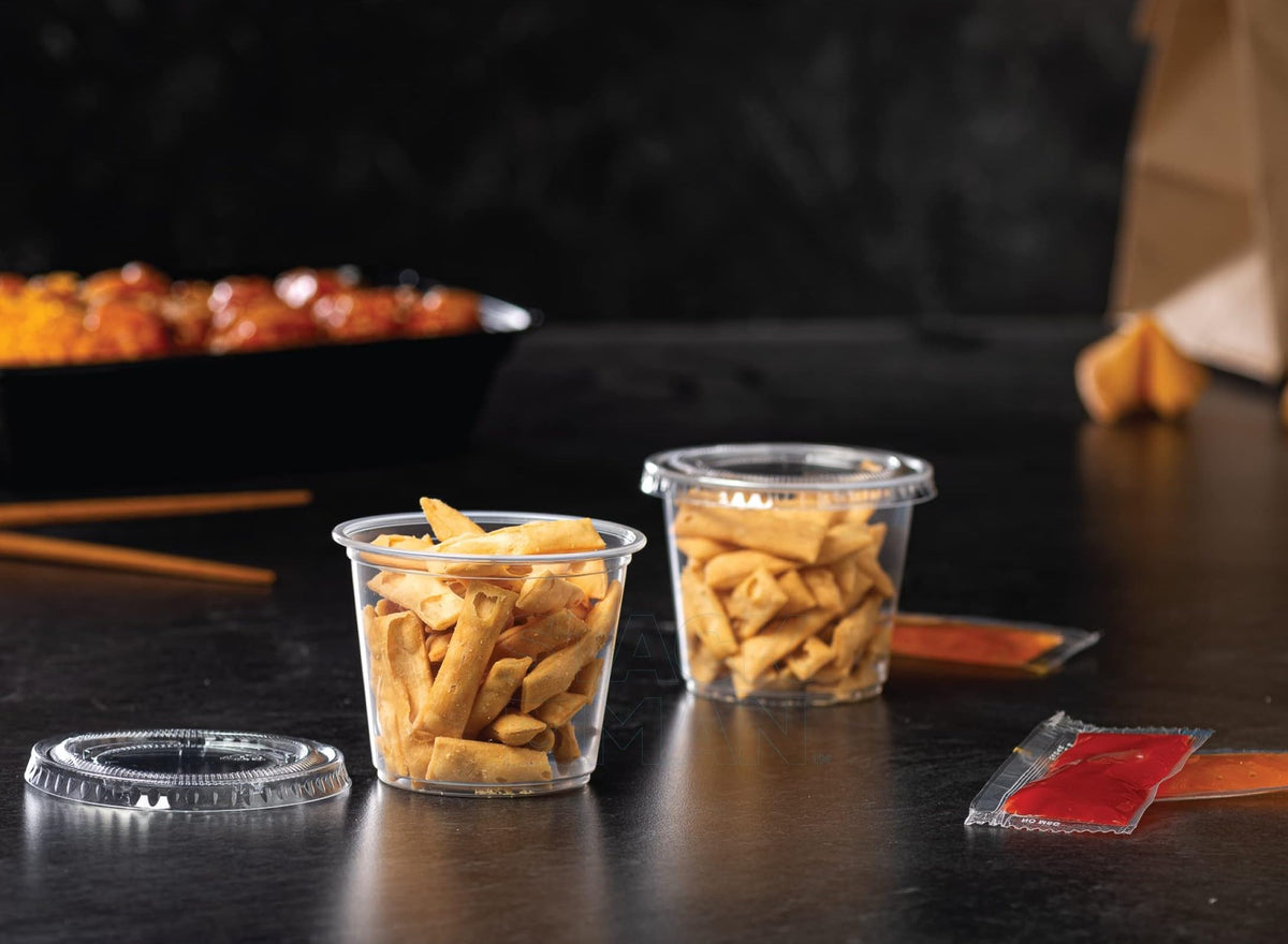 (200 Sets - 5.5 oz.) Plastic Cups, Clear Portion Snack, Yogurt, Parfait Cups, Pudding Cups, Souffle Cups, Dessert Cups, Disposable Containers with Lids 5.5oz.
