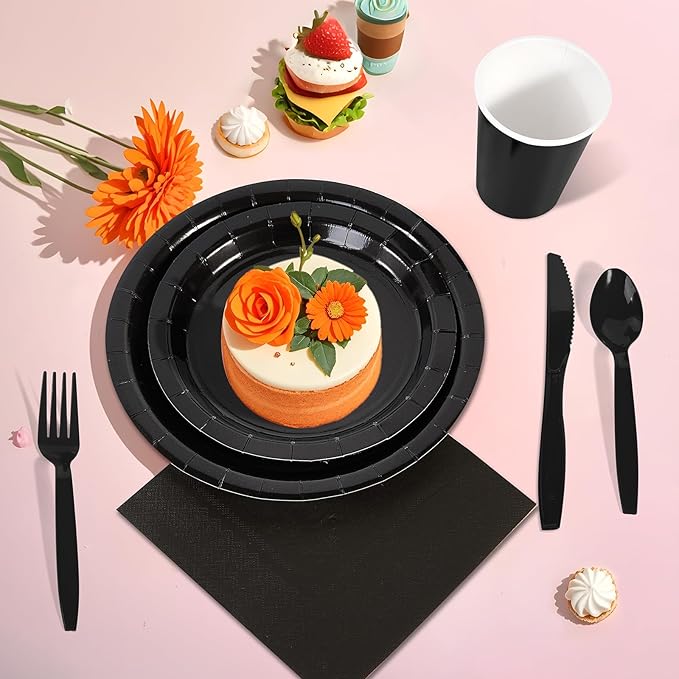 Ottin 169PCS Black Christmas Party Supplies for 24 Guests – Disposable Paper Plates, Napkins, Cups, Forks, Knives, Spoons & Tablecloth for Birthday, Wedding, Thanksgiving, Christmas, New Year