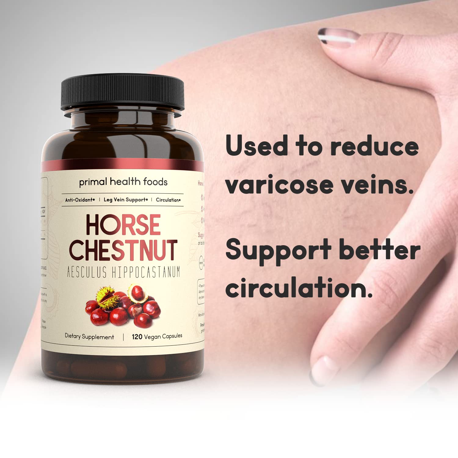Primal Health Foods Horse Chestnut Extract 500 mg 120 Servings | Varicose Veins and Blood Vein Health | Vegetarian, Non-GMO & Gluten Free