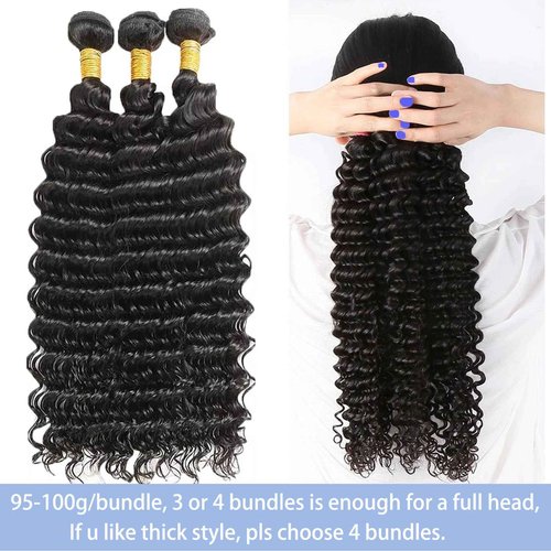 Deep Wave Human Hair Bundles 18 20 22 Inch Deep Curly Bundles Human Hair 12A Unprocessed Brazilian Virgin Weave 3 Bundles Real Human Hair Extensions 1B Natural Black Bundle for Women