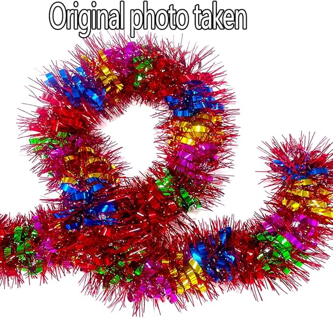 33Ft Long Tinsel Twist Garland Shiny Thick Metallic Foil Xmas Tree Decorations for Birthday Party Christmas New Year Parties Parade Floats and Other Holidays Hanging Decor Supplies-(Colours+Red)