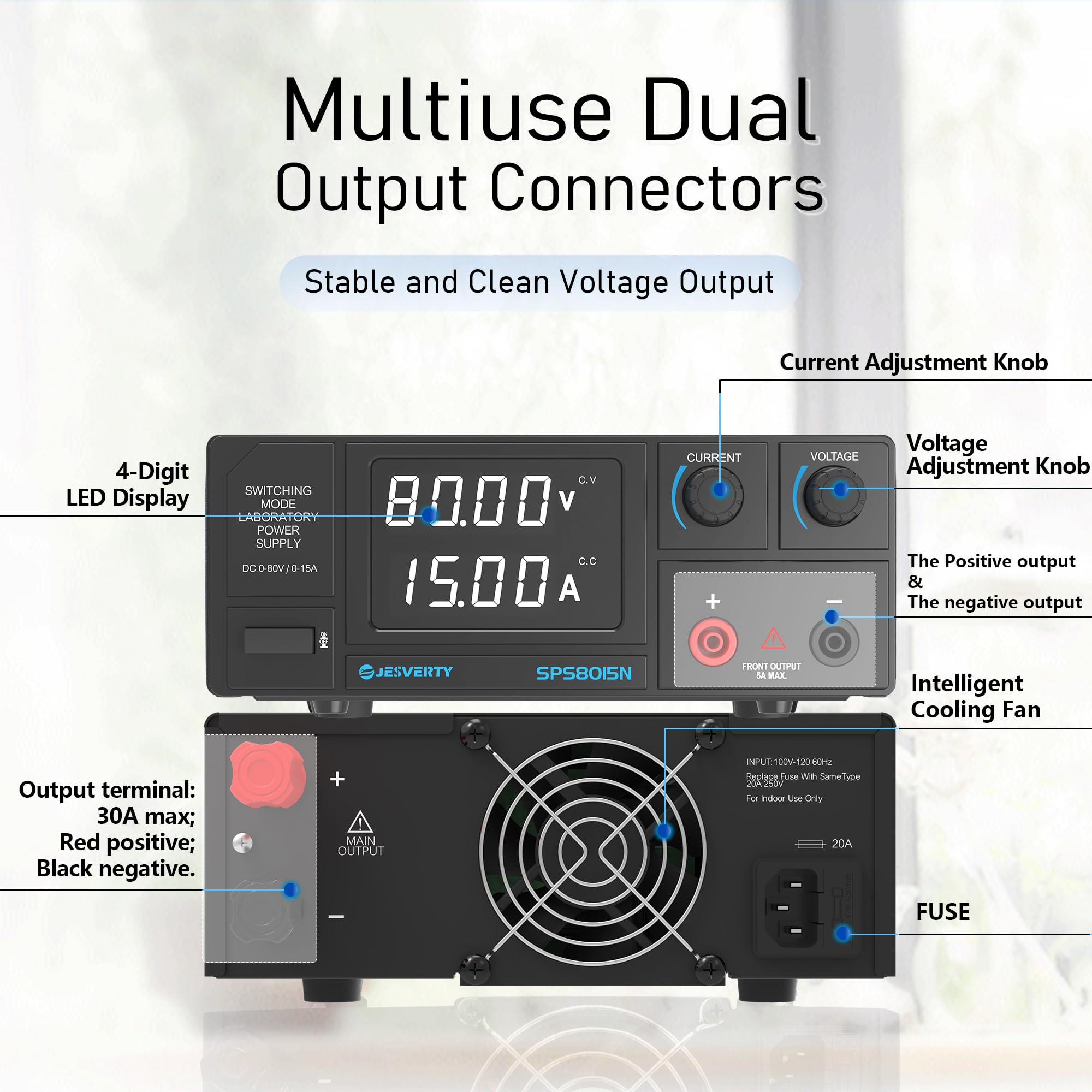 Jesverty DC Power Supply Variable, 0-80V 0-15A 1200W Switching DC Regulated Bench Power Supply with Encoder Knobs, 4-Digit LED Display, Temperature Controlled Fan, Aux Output Terminal - SPS-8015N