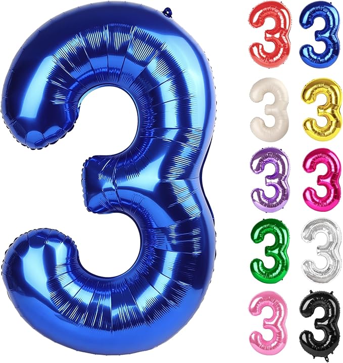 Metallic Blue Number 3 Balloon 40 Inch, 3 Balloon Number, 3rd Birthday Decorations, Navy Blue Party Supplies for Boys Girls