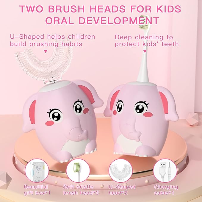 Kids Electric U Shaped Toothbrush Children Rechargeable Sonic Toothbrush with 4 Brush Heads Full Mouth 6 Cleaning Modes - (Age 2-7 Pink)