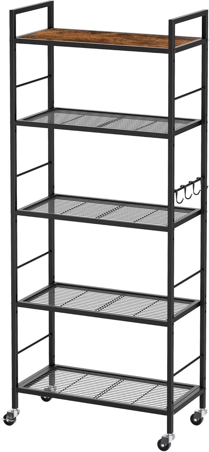 XIVIRACK 5-Tier Metal Storage Rack with Industrial Wheels,Mesh Shelving Unit with Wooden Table top,Adjustable Shelf,23.6-Inch Width,for Kitchen, Laundry,Pantry,Plant,Black
