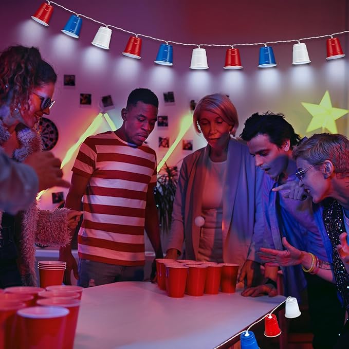 Hiboom Red White and Blue Cups Light, Christmas Shot Cups Fairy String Lights Battery Operated LED for 4th of July Independence Day Christmas Decor Memorial Day Bar Graduation RV Party(1 Pack)