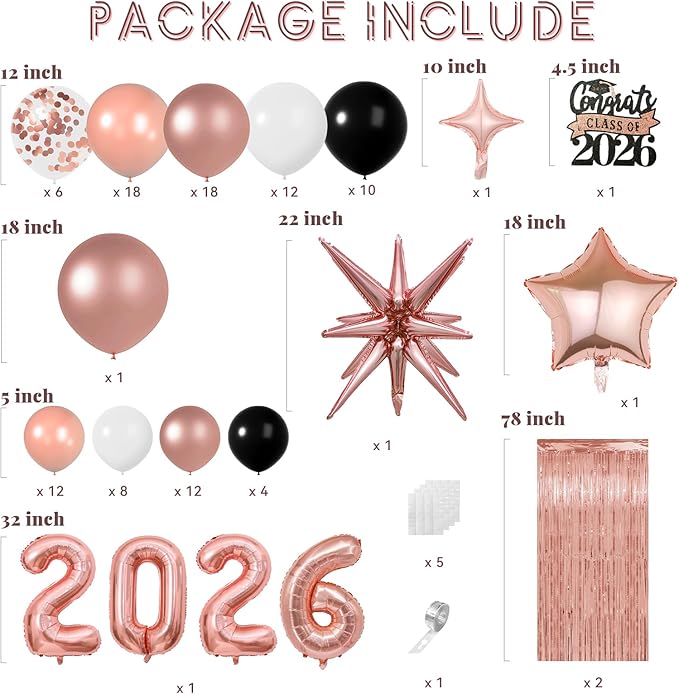 Graduation Balloon Garland Arch Kit for Graduation Decorations Class of 2026 - Rose Gold Black and White Balloons Different Sizes 5 12 18 Inch GraduationBalloons Arch for Grad Party Supplies