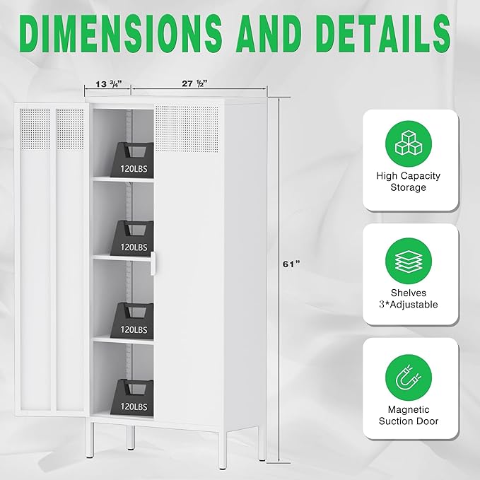 61 Inches Metal Storage Cabinet with Doors and Shelves, 4 Tier Kitchen Pantry Cabinet, Multi-Purpose Metal Cabinet for Home, Dining, Laundry, Living, Bathroom and Utility Rooms (White)