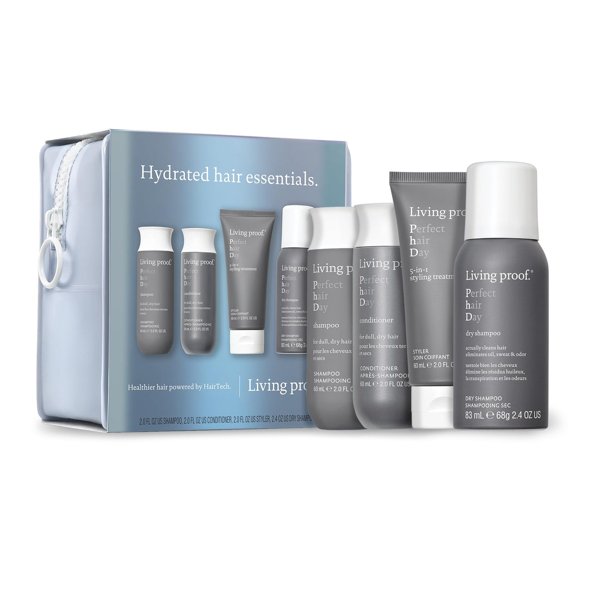 Living Proof Hydrated Hair Essentials Kit - Includes Travel Size Perfect hair Day Shampoo, Conditioner, 5-in-1 Styling and Dry Shampoo ($74 value)