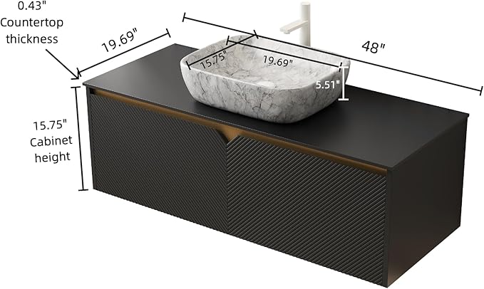 48 Inch Bathroom Vanity with Sink, Floating Fluted Vanity with Vessel Sink, Modern Wall Mounted Bathroom Vanity Cabinet with 2 Doors, Oval Marble Vessel Sink & Sintered Stone Top, Black