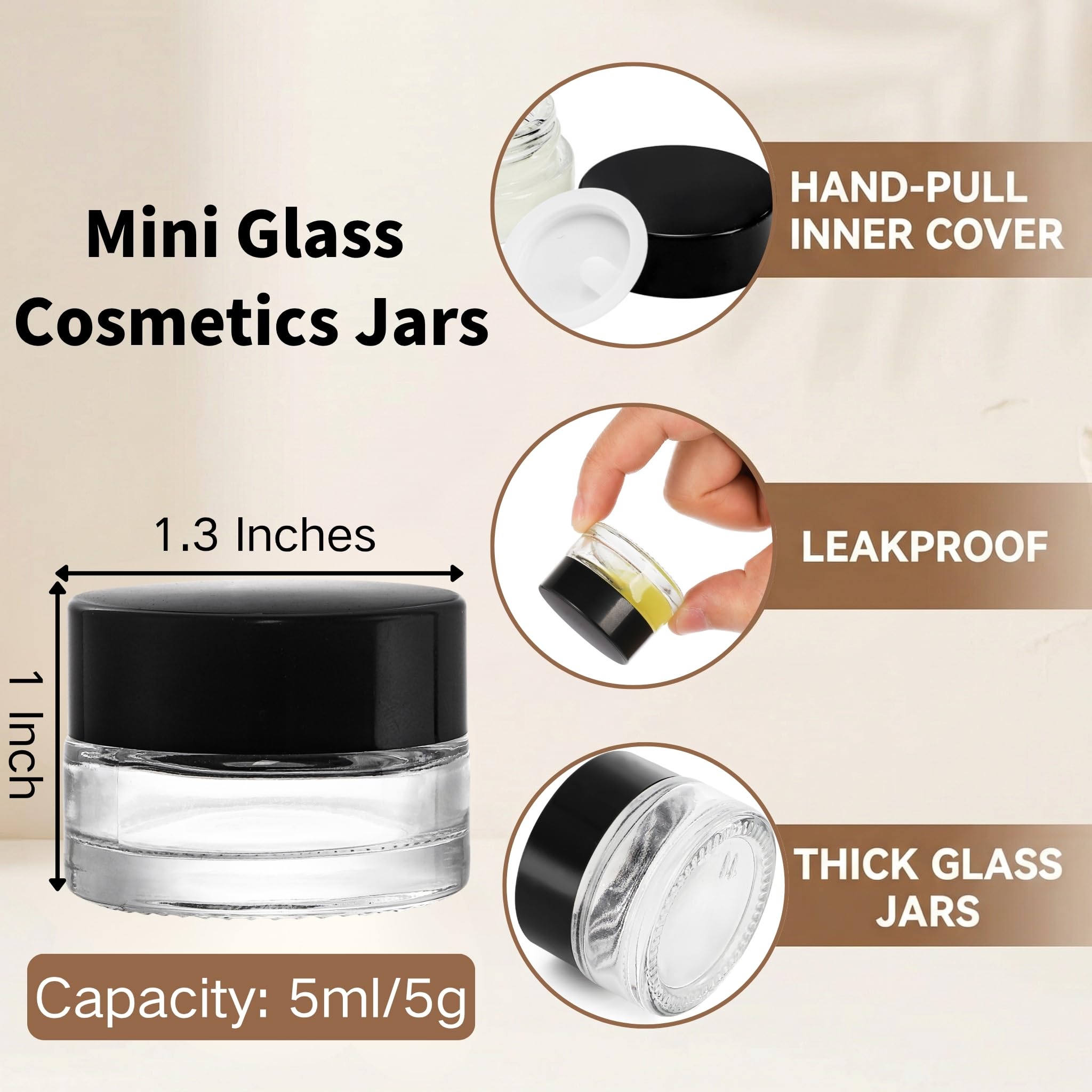 Coloch 90 Pack 5ml Glass Sample Containers with Black Lid, Mini Glass Cosmetics Jars with Inner Liner Bulk Refillable Tiny Glass Jars for Cosmetics, Lotion, Cream, Samples, Wax, Skincare, Travelling