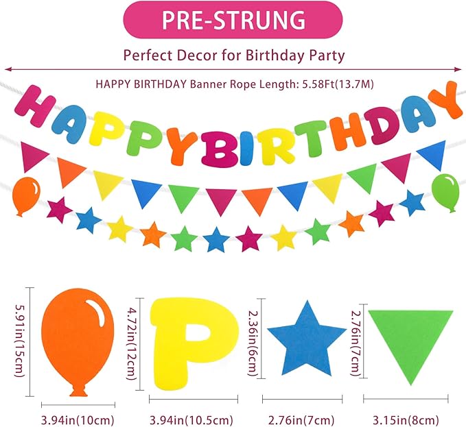 CIEHER Felt Happy Birthday Banner for Birthday Party Favors - Colorful Bunting, Star & Letter Decor for Birthday Parties