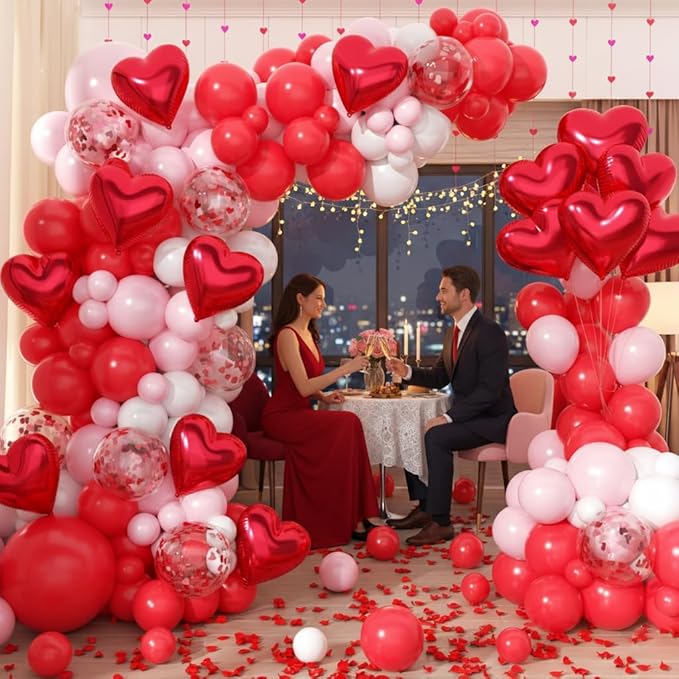153pcs Valentines Day Balloons Garland Arch Kit, Red Pink White Confetti Heart Balloons Red Heart Foil Balloons Arch for Galentine's Day Wedding Anniversary Engagement Party Decorations