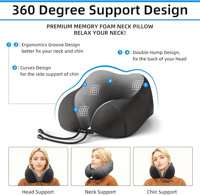 Neck Pillow for Traveling,Premium Memory Foam Travel Neck Pillow for Airplane,Soft Smooth & Breathable Cover,Adjustable Headrest Sleep Flight Pillow for Plane,Car,Office and Home,Black