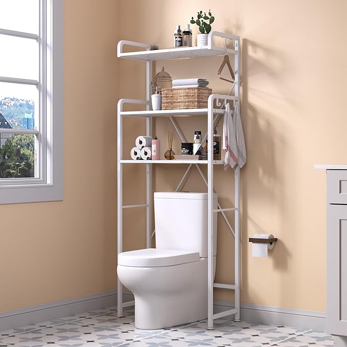 Over The Toilet Storage Rack with 3-Tier Bathroom Shelves, Space Saver Toilet Shelf, Bathroom Storage Organizer with Hooks for Over Toilet Storage and Bathroom Shelf (White Faux Marble)