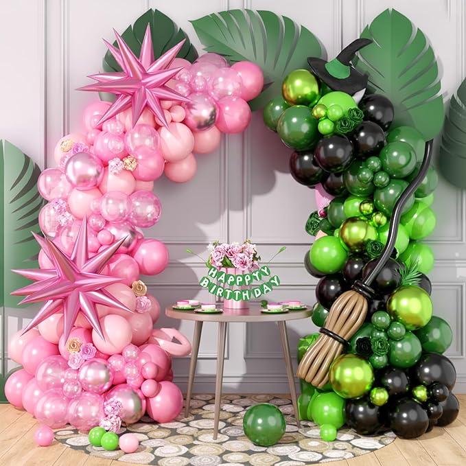 FunHot Pink Green Balloon Arch Garland Kit with Pearl Light Pink Dark Metallic Green Black Balloons Explosion Star Foil Balloon 260 Long Balloons for Baby Shower Witch Theme Birthday Party Decoration