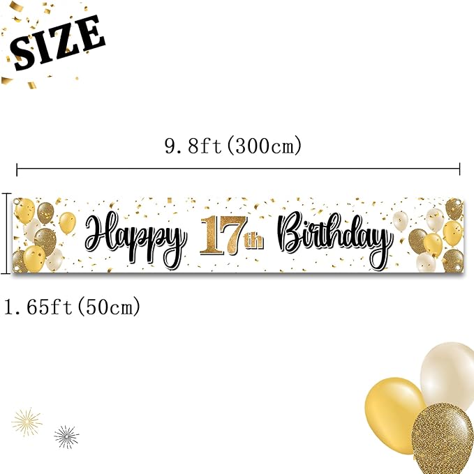 Happy 17th Birthday Decorations,17th Gold Balloon Large Birthday Hanging Banner Sign,Cheers to Seventeen Years Old Bday Party Supplies.