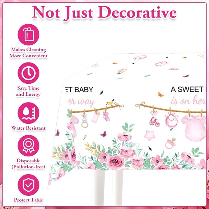 Pink Baby Girl Shower Party Supplies Tableware Sets,Includes Disposable Plates, Napkins, Cups,Straws,Cutlery, Balloons, Banner, and Tablecloth for Party Baby Shower Birthday Decorations,Serves 20