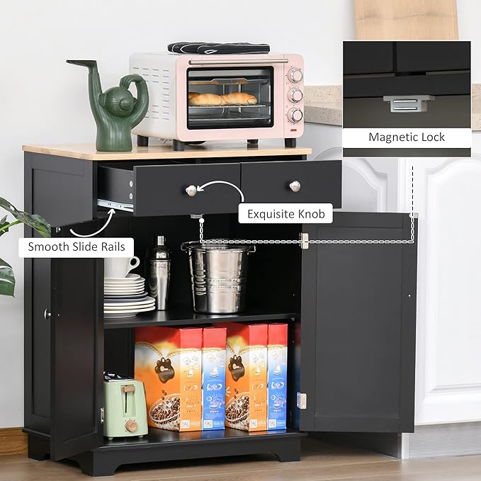 HOMCOM Sideboard with Solid Wood Countertop, Modern Kitchen Storage Cabinet, Coffee Bar Cabinet with 2 Drawers, Doors and Adjustable Shelf, Black