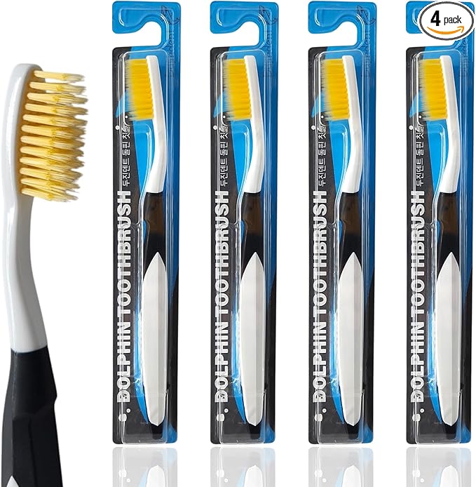 Dolphin Gold [4 Packs] Extra Soft Toothbrush Manual Long Flossing Bristle, Ultra Clean Toothbrush, Good for Sensitive Teeth and Gums (Black, Gold 4 Packs)