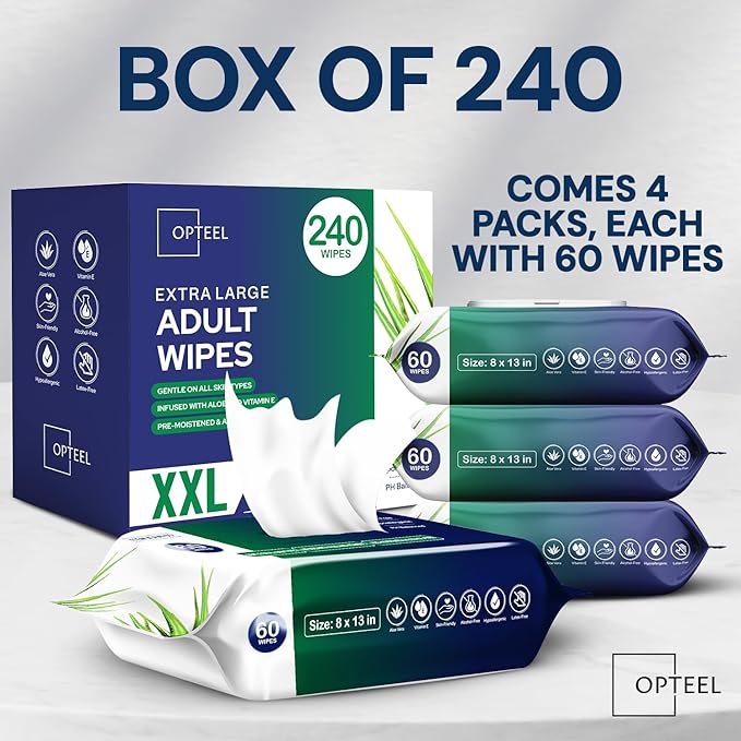 Adult Wipes For Elderly - 8"x13" Extra Large & Soft Wet Wipes for Adults Bathing No-Rinse - Incontinence Disposable Washcloths, Vitamin E & Aloe Infused for Men & Women 240ct (4 Packs of 60)