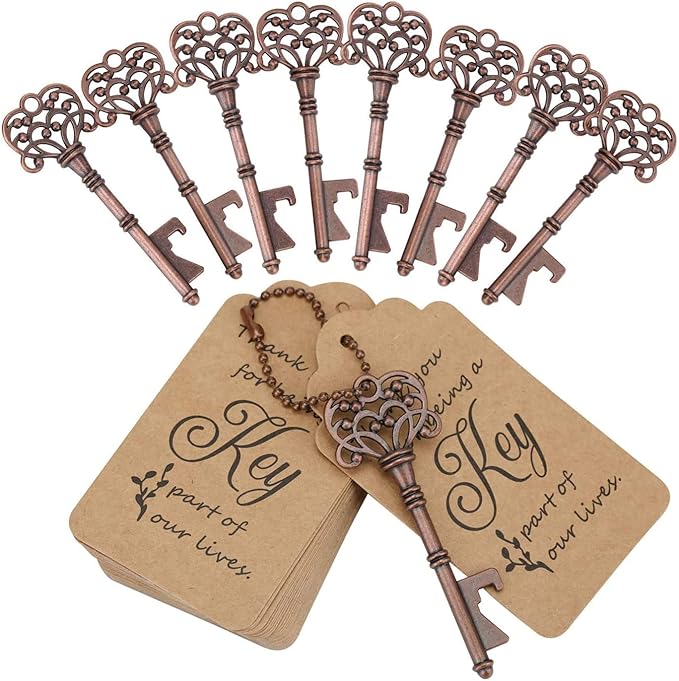 WODEGIFT 100 PCS Wedding Favors/ Party Favors Key Bottle Opener,Vintage Skeleton Key Bottle Openers with Escort Tag Cards and Key Chains(Red Copper)